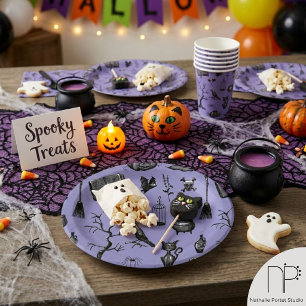 Met de Hand Getekende Spookachtige Paarse Hallowee Papieren Bordje
