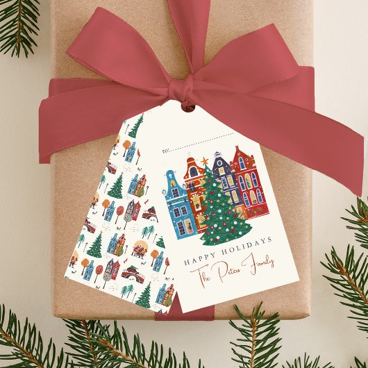 Met de hand getekende stad Amsterdam Kerstmis Cadeaulabel