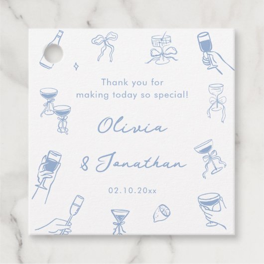 Met de Hand Getekende Stofblauwe Trouw Trouwkaart Bedankjes Labels (Voorkant)