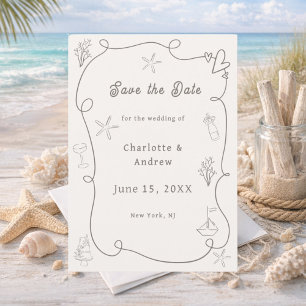 Met de hand getekende strand bruiloft ivoor taupe  save the date