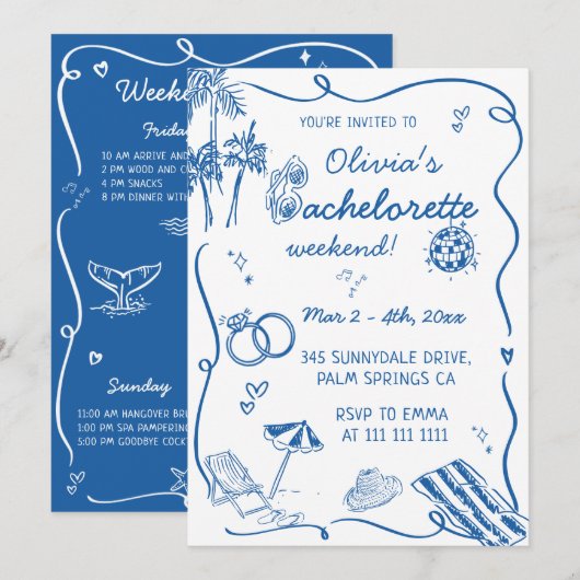 Met de Hand Getekende Strand Kust Bachelorette Kaart (Voorkant / Achterkant)