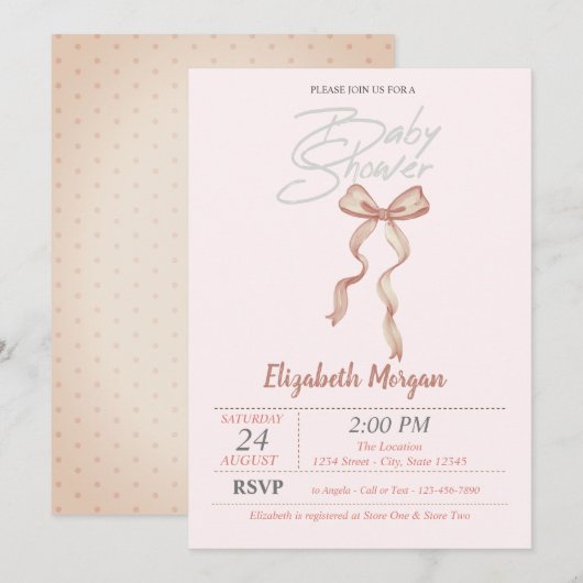 Met de hand getekende strik gestippelde babyshower kaart (Voorkant / Achterkant)