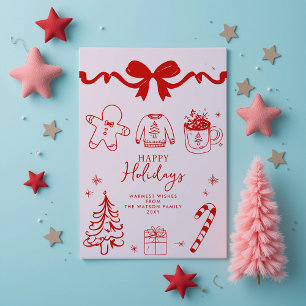 Met de Hand Getekende Strik Rood Roze Kerst Feestdagenkaart