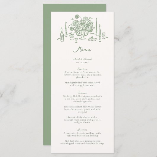 Met de Hand Getekende Tafeldecoratie in Saliengroe Menu (Voorkant / Achterkant)