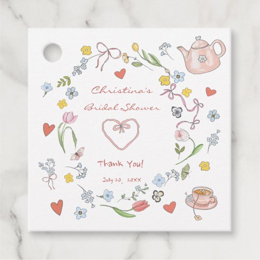 Met de hand getekende theebruidsshower met grillig bedankjes labels (Voorkant)