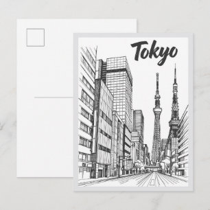 Met de hand getekende Tokyo-straatbeeld Landmark Briefkaart