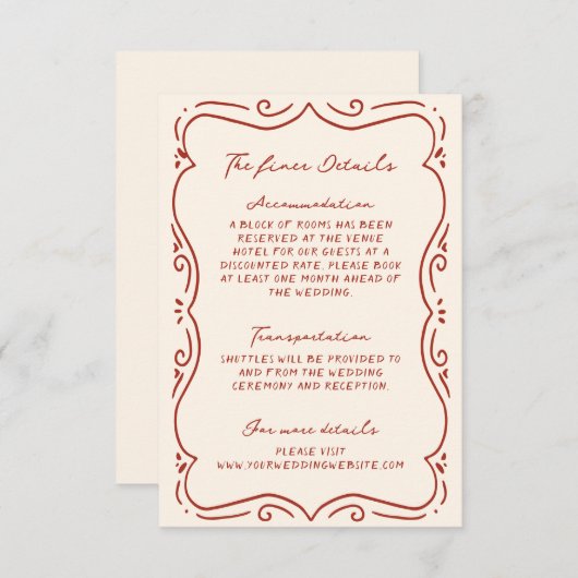 Met de Hand Getekende Trouwdetails in Terracotta L Informatiekaartje (Voorkant / Achterkant)