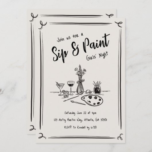 Met de hand getekende uitnodiging voor een 'sip en (Voorkant / Achterkant)