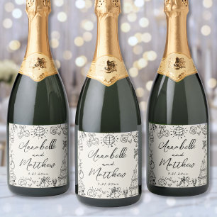 Met de Hand Getekende Vintage Bruiloft Sparkling Wijnetiket