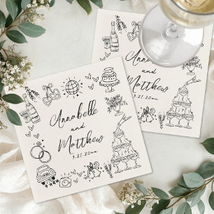 Met de Hand Getekende Vintage Whimsische Huwelijk Servet
