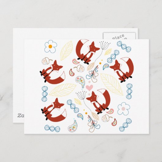 Met de hand getekende vos Harten in geel blauw Roz Briefkaart (Voorkant / Achterkant)