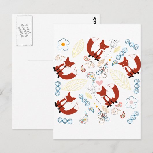 Met de hand getekende vos Harten in geel blauw Roz Briefkaart (Voorkant / Achterkant)