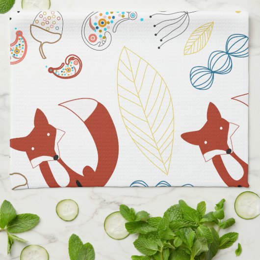 Met de hand getekende vos Harten in geel blauw Roz Theedoek (Gevouwen)