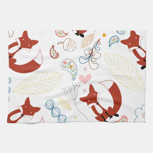 Met de hand getekende vos Harten in geel blauw Roz Theedoek (Horizontaal)