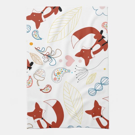 Met de hand getekende vos Harten in geel blauw Roz Theedoek (Verticaal)