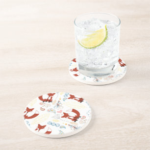 Met de hand getekende vos Harten in geel blauw Roz Zandsteen Onderzetter