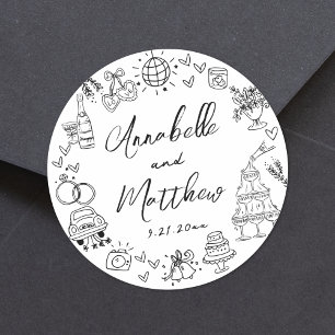 Met de Hand Getekende Vreemde Whimsical Bruiloft Ronde Sticker