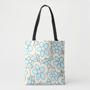 Met de hand getekende vrolijke bloemenprint blauw tote bag