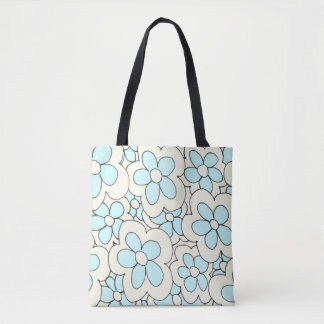 Met de hand getekende vrolijke bloemenprint blauw tote bag