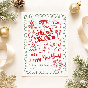 Met de hand getekende western Howdy kerstkaart Kaart