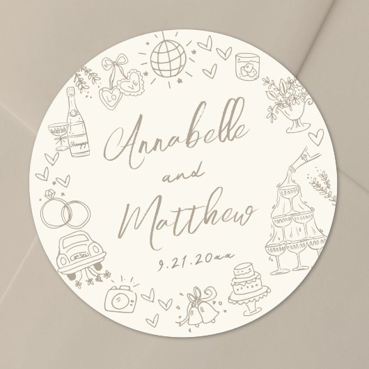 Met de Hand Getekende Whimsical Bruiloft Ronde Sticker