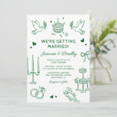 Met de Hand Getekende Whimsical Doodle Bruiloft Kaart (Staand voorkant)