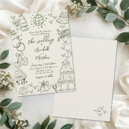 Met de Hand Getekende Whimsical Retro Bruiloft Kaart