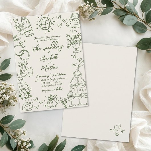 Met de Hand Getekende Whimsical Retro Bruiloft Kaart