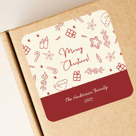 Met de Hand Getekende Whimsical Rode Doodle Kerstm Vierkante Sticker