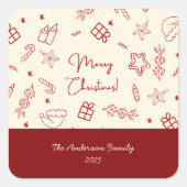 Met de Hand Getekende Whimsical Rode Doodle Kerstm Vierkante Sticker (Voorkant)