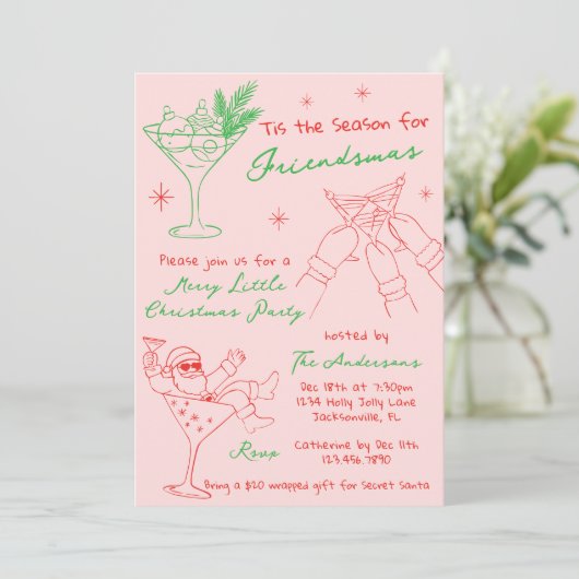 Met de Hand Getekende Whimsical Vriendenmas Kerstf Kaart (Staand voorkant)