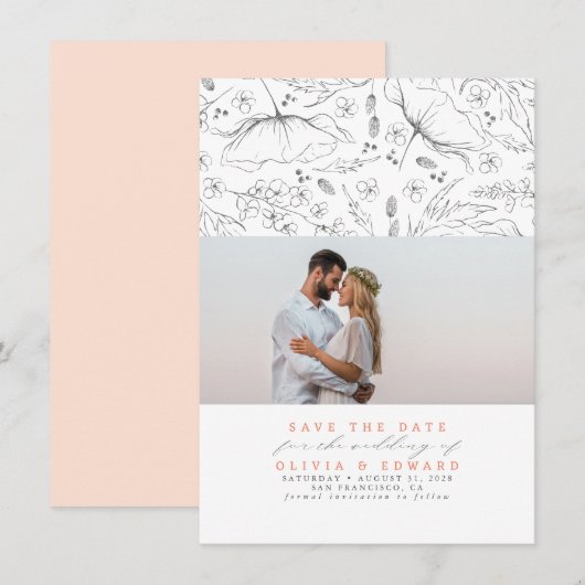Met de hand getekende Wildbloemen Peach Save the D Date (Voorkant / Achterkant)