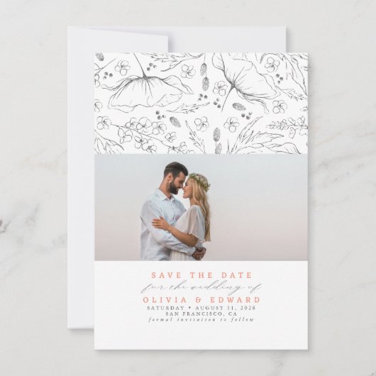 Met de hand getekende Wildbloemen Peach Save the D Save The Date (Voorkant)