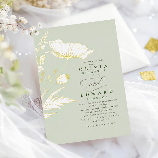 Met de hand getekende wilde bloemen Elegante Salie Folie Uitnodiging
