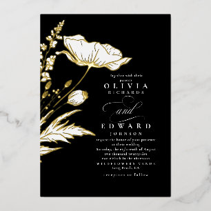 Met de hand getekende wilde bloemen Elegante Zwart Folie Uitnodiging