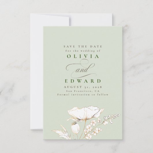 Met de hand getekende wilde bloemen Sage Green Sav Save The Date (Voorkant)