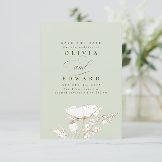 Met de hand getekende wilde bloemen Sage Green Sav Save The Date (Staand voorkant)