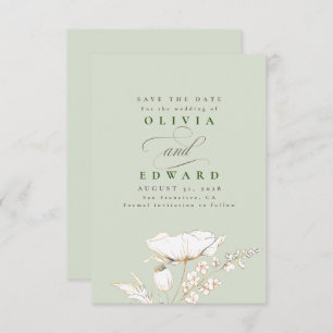 Met de hand getekende wilde bloemen Sage Green Sav Save The Date
