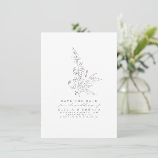 Met de hand getekende wilde bloemen Sage Green Sav Save The Date (Staand voorkant)