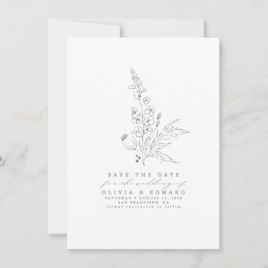 Met de hand getekende wilde bloemen Sage Green Sav Save The Date (Voorkant)