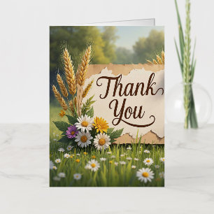 Met de hand getekende wilde bloemen, tarwehalmen, folie wenskaart