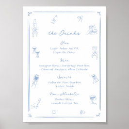 Met de hand getekende witte en blauwe bar drankkaa poster