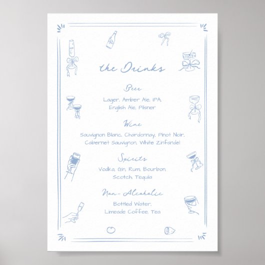 Met de hand getekende witte en blauwe bar drankkaa poster (Voorkant)