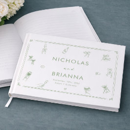 Met de Hand Getekende Witte en Groene Huwelijk Gastenboek