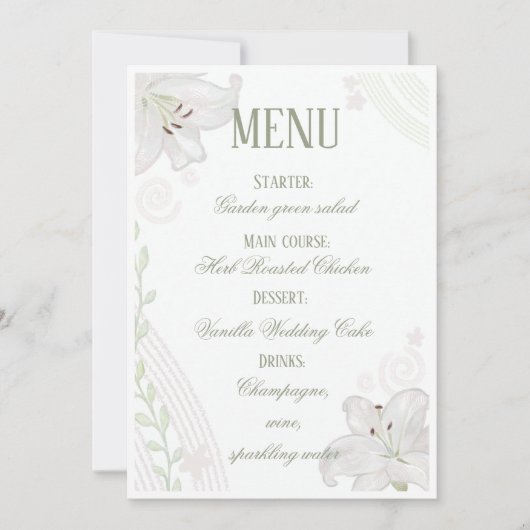 Met de hand getekende witte lelie trouwmenu kaart (Voorkant)