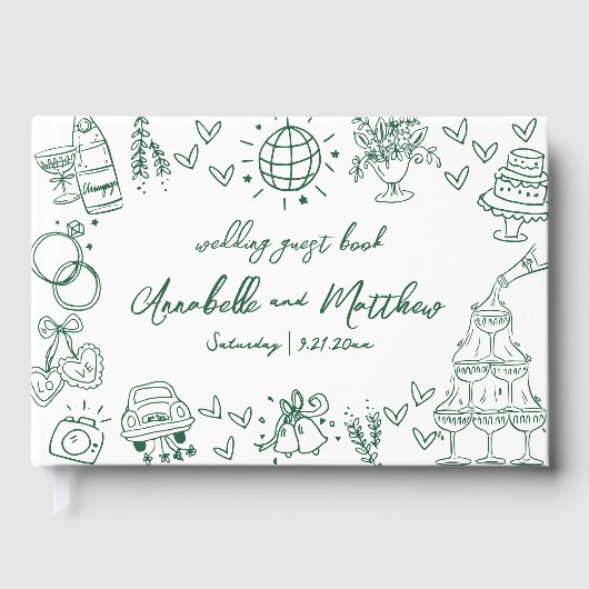 Met de Hand Getekende Wizige Smaragdgroene Huwelij Gastenboek (Voorkant)