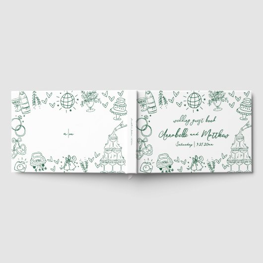 Met de Hand Getekende Wizige Smaragdgroene Huwelij Gastenboek (Volledig)