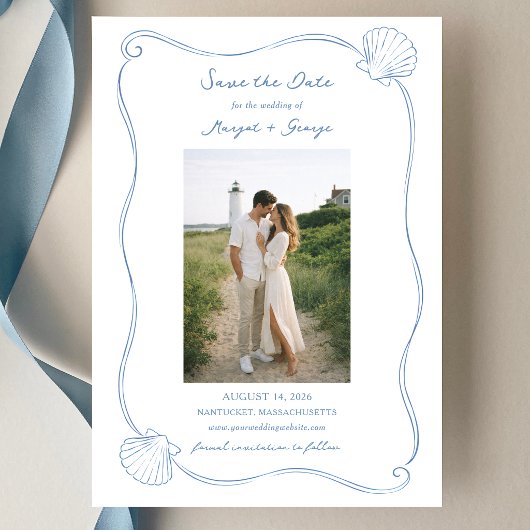 Met de Hand Getekende Zeeschelp Eenvoudige Blauwe  Save The Date
