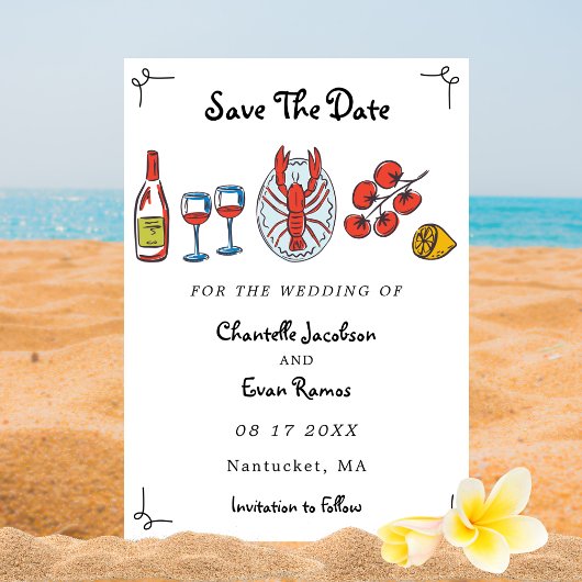 Met de Hand Getekende Zeevruchten Kreeft Strand Th Save The Date