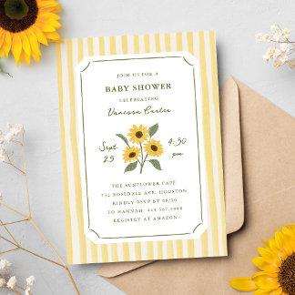 Met de Hand Getekende Zonnebloem en Strepen Baby S Kaart